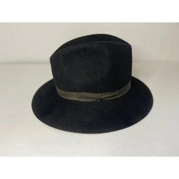 Black Felt Fedora Hat With Brown Band 100 Percent Wool - Picture 2 of 16